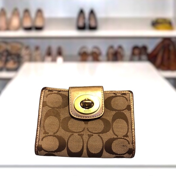 Coach Monogram Wallet Gold Trim Turn Lock Closure - Picture 1 of 9